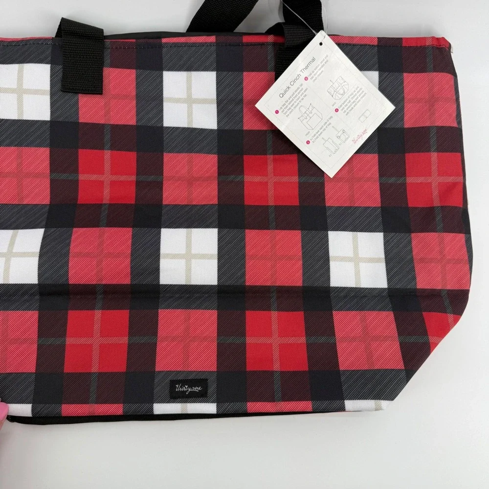 Thirty-One Quick Cinch Thermal Bag Red Black Buffalo Plaid Insulated Tote NEW‎